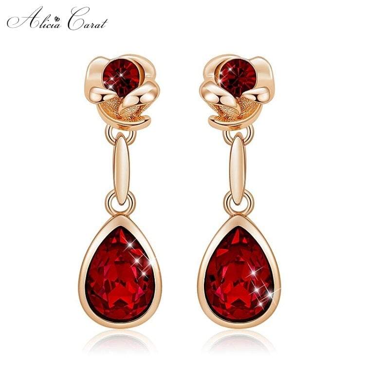 Boucles d&#39;Oreilles Gouttes d&#39;Eau Rose Rouge