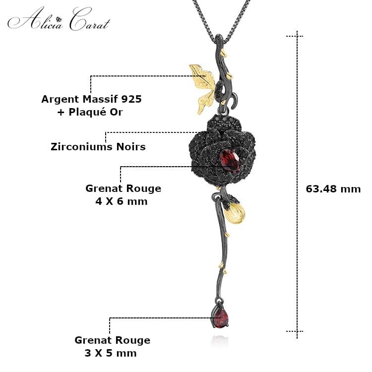 Collier Rose Éternelle Noire Grenat Rouge